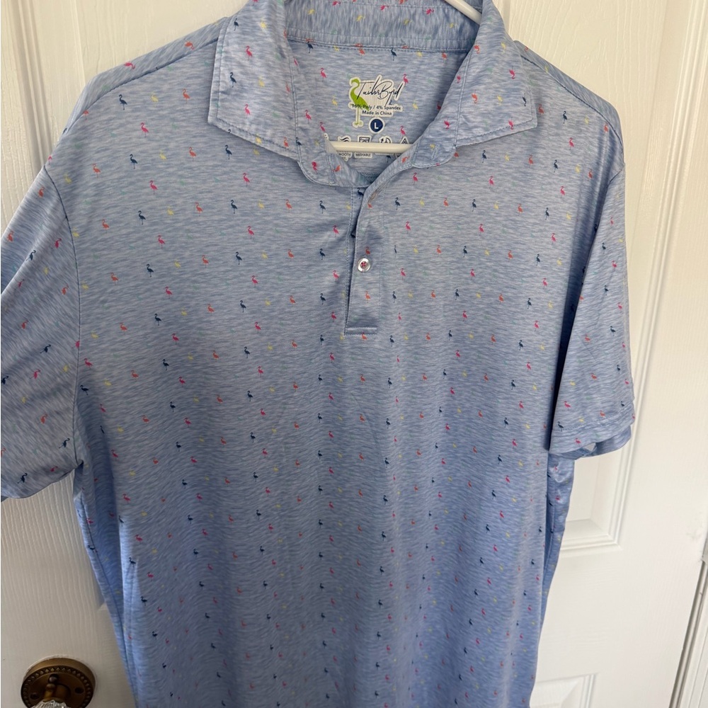 Tailorbyrd Light Blue Polo with multi colored bird print - Picture 5 of 8